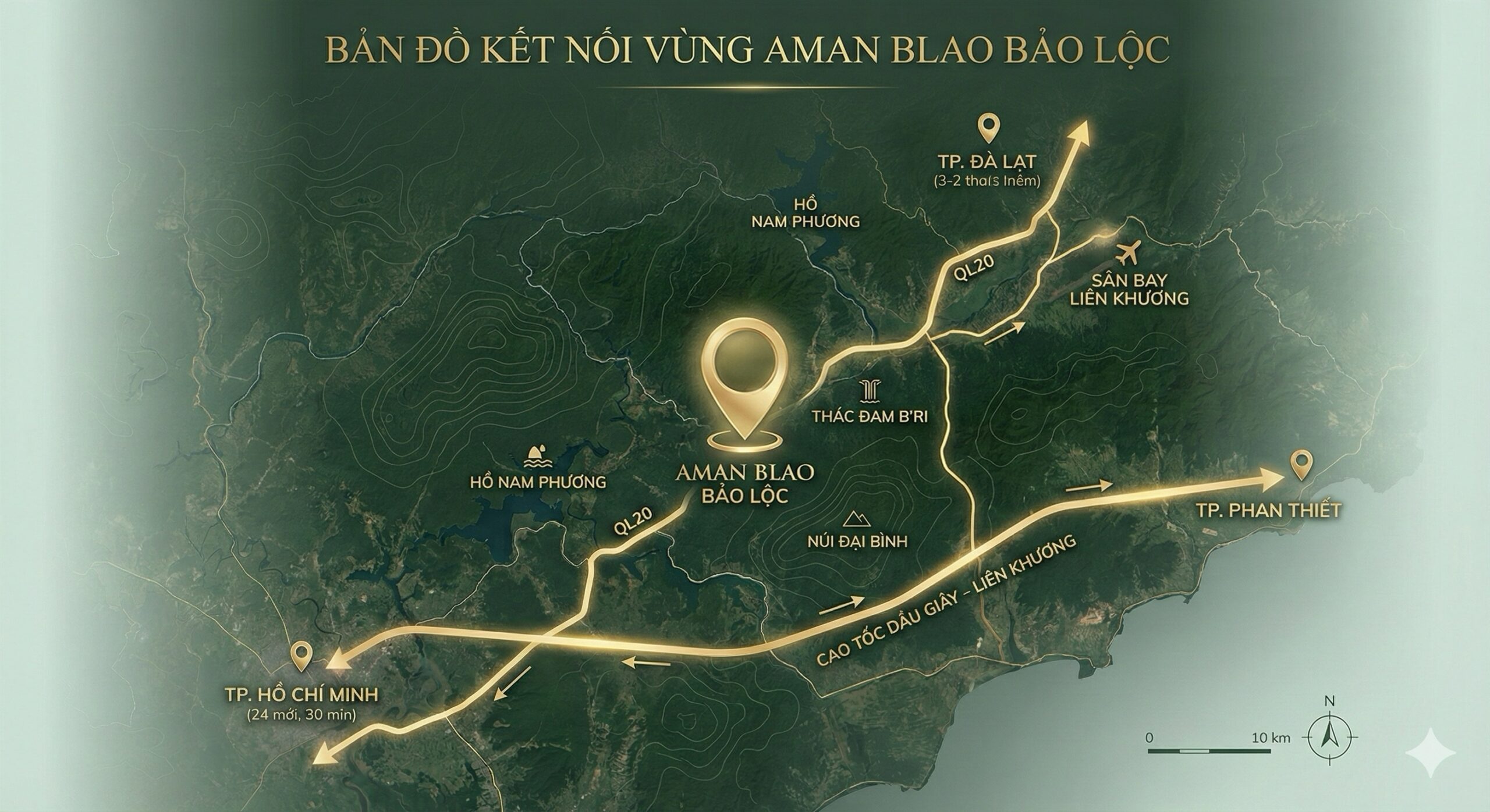 Bản đồ tuyến cao tốc Gia Nghĩa – Bảo Lộc – Phan Thiết và vị trí Làng Oa Bảo Lộc trên trục kết nối.