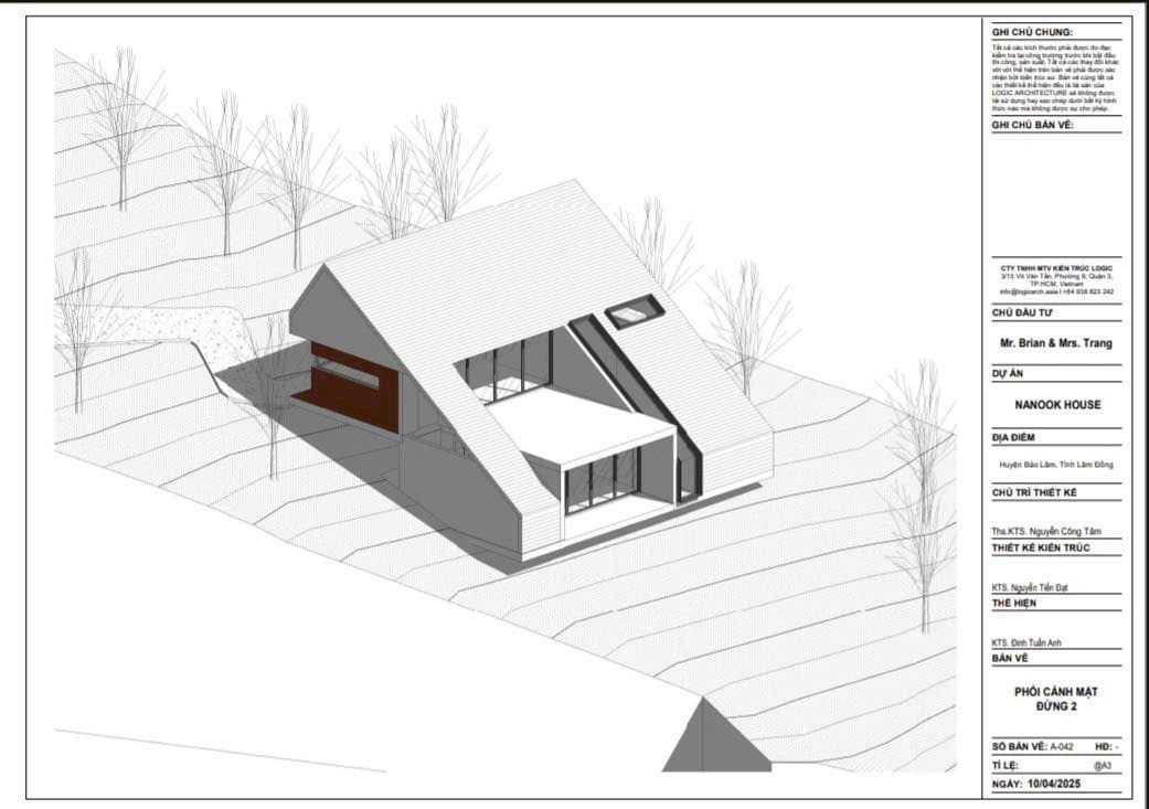Nhà Không Chân - Nanook House Làng Oa Bảo Lộc Phối cảnh 3D Nanook House – thiết kế mái dốc tối giản, ẩn mình vào sườn đồi dốc tự nhiên.