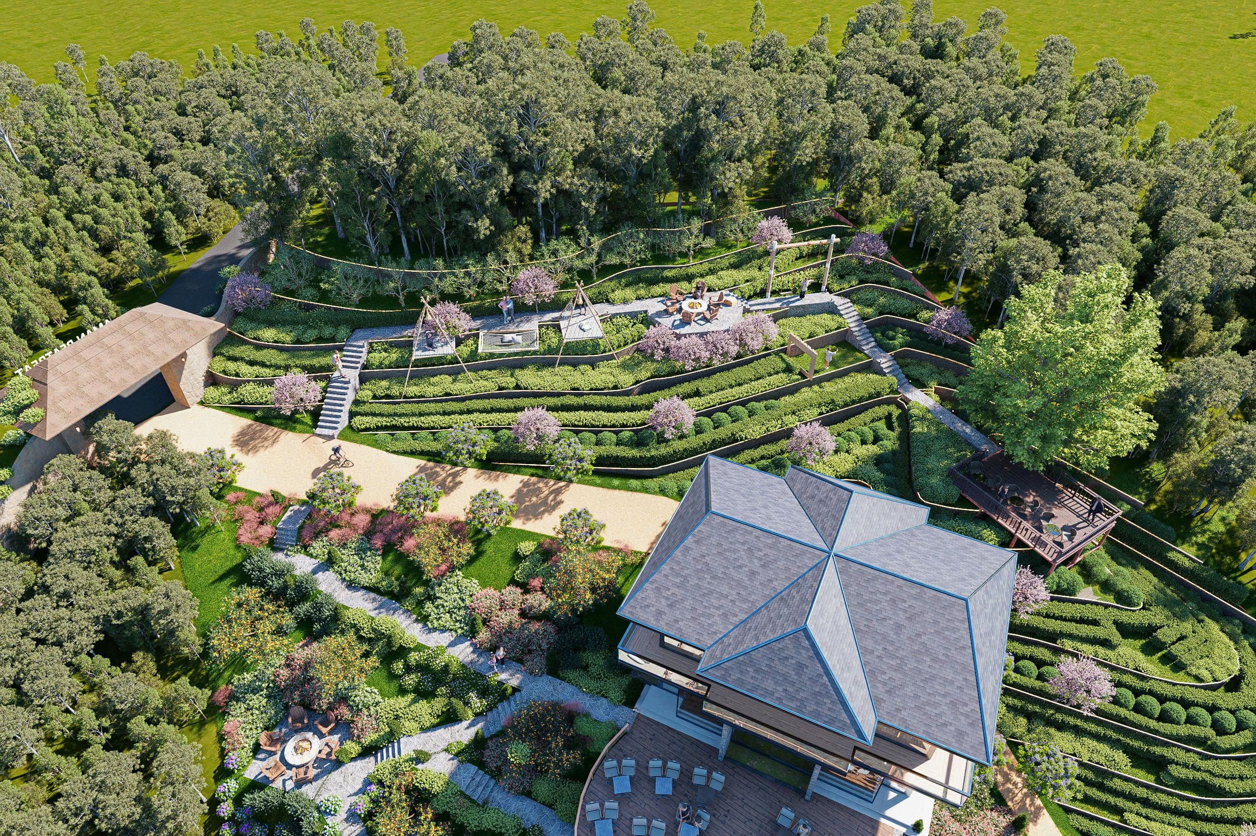 Thanh Khoản & Tiềm Năng Tăng Giá Làng Oa Bảo Lộc Toàn cảnh Làng Oa Retreat Bảo Lộc giữa đồi chè và rừng cây, nơi cư dân tận hưởng không gian nghỉ dưỡng tự nhiên