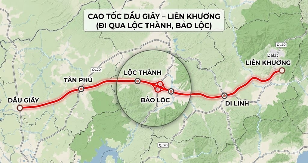 Bản đồ cao tốc Dầu Giây Liên Khương đi qua Lộc Thành Bảo Lộc Lâm Đồng